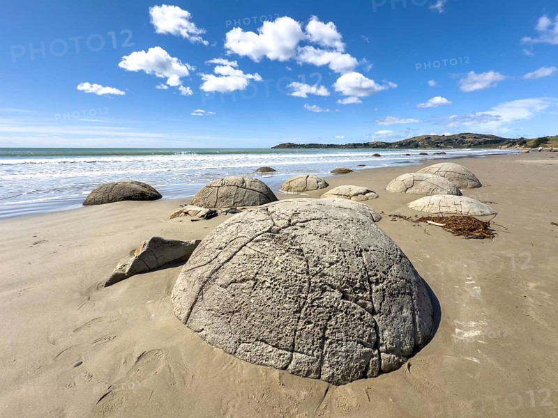 Round stones of the Moeraki Boulders at Moeraki Beach, Moeraki, South Island, New Zealand, Oceania