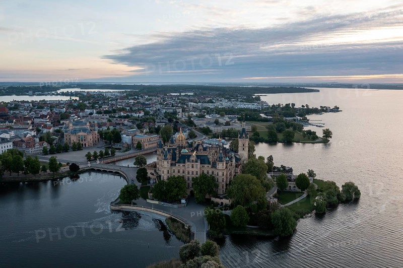 Schwerin Castle in the morning, Unesco World Heritage Site, drone shot, Schwerin, Mecklenburg-Western Pomerania, Germany