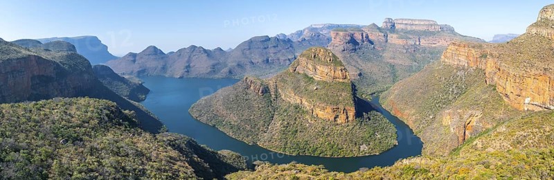 Panorama, Blyde River Canyon with Three Rondawels peak, view of canyon with Blyde River and Table Mountains, canyon landscape, Panorama Route, Mpumalanga, South Africa