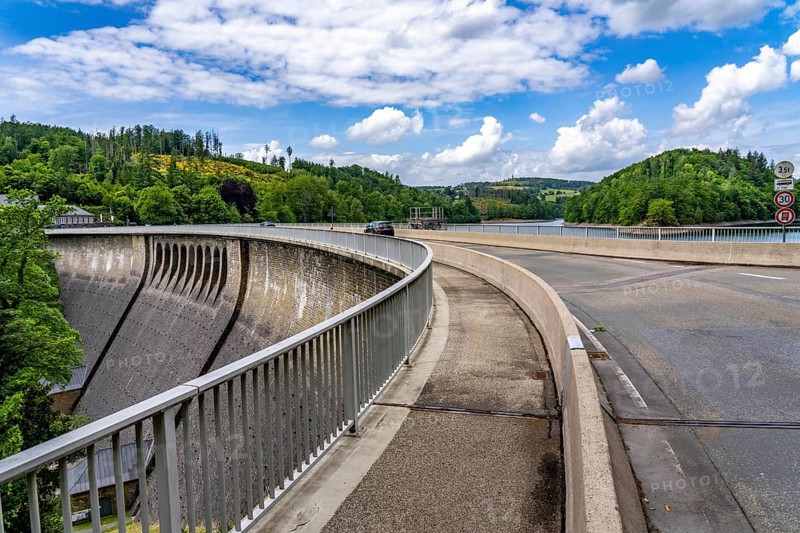 The Aggertalsperre dam in Oberbergisches Land, near Bergneustadt, operated by the Aggerverband, 45 metre high dam wall, the reservoir is used for water supply and electricity production, North Rhine-Westphalia, Germany