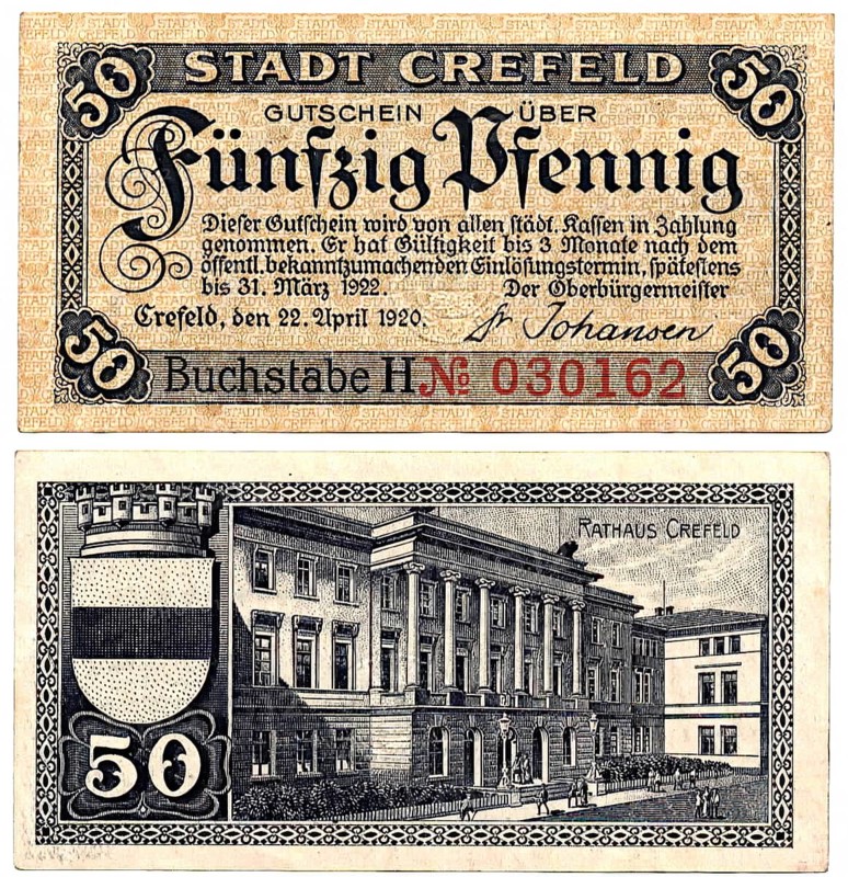Banknote, banknote, emergency money, 50 Pfennig, city of Krefeld, 1920, Germany, reproduction of a historical banknote