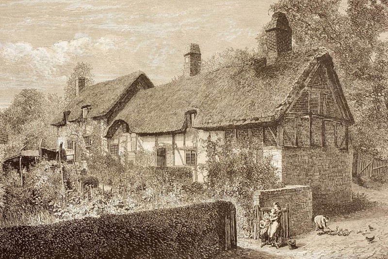 Stratford-upon-Avon, England. Anne Hathaway's Cottage, the family home of Shakespeare's woman. From the illustrated Shakspeare library, published in London in 1890, digital reproduction of a historical original