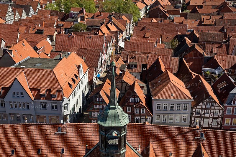 View from the town church tower over the roofs of the historic old town with its four hundred half-timbered houses, Celle, Lower Saxony, Germany