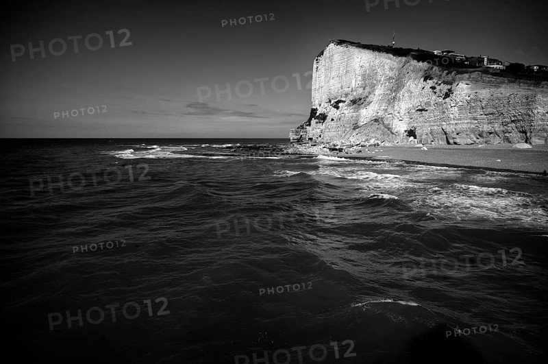 Pointe Fagnet, headland, mountain saddle Trou au Chien, sea, sky, black and white, Fécamp, Alabaster Coast, La Côte d'Albâtre, Normandy, Seine-Maritime, France