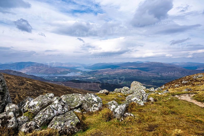 View from Nevis Range Mountains, Grampian Mountains, Fort William, Highland, Lochaber, Scotland, UK