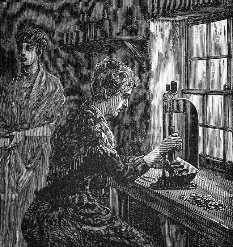 A button maker, craft, Birmingham, around 1870, England, digital reproduction of a historical model
