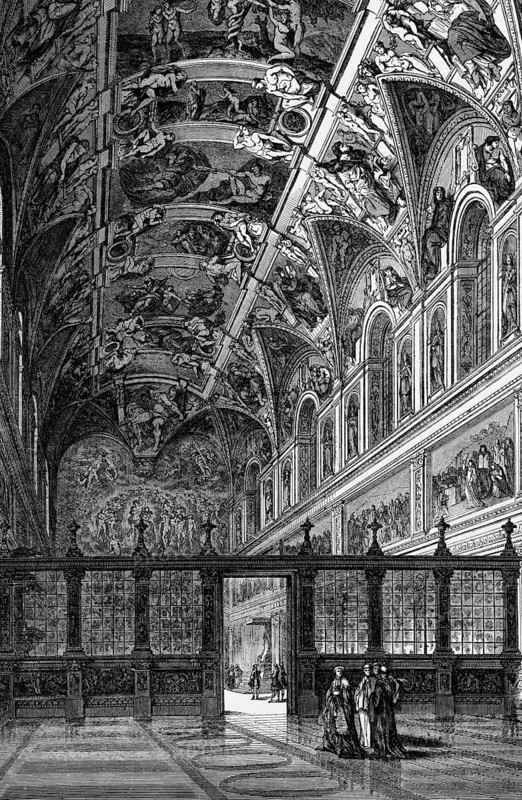 An early view of the Sistine Chapel in the Vatican, Rome, Italy, digital reproduction of a historical model