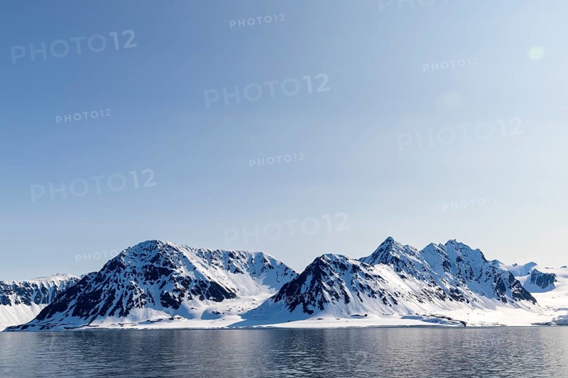 Mountain tops, snow, sea, Smeerenburg, Spitsbergen, Svalbard