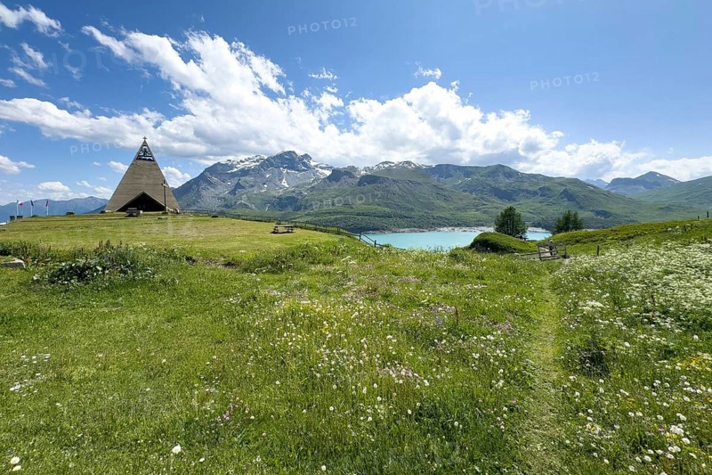 Panoramic view from plateau above Lanslebourg-Mont-Cenis to reservoir Lac du Mont Cenis left Museum Musée du Mont Cenis at pass road to pass Alpine pass mountain pass Col du Mont Cenis Colle del Moncenisio, Mont Cenis massif, Massif du Mont-Cenis, Graian Alps, Lanslebourg, Rhone-Alpes, France