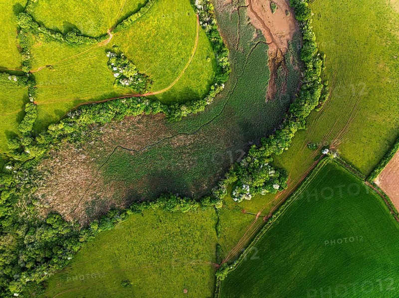 Top Down over Marshes over River Dart from a drone, Stoke Gabriel, Totnes, Devon, England, United Kingdom