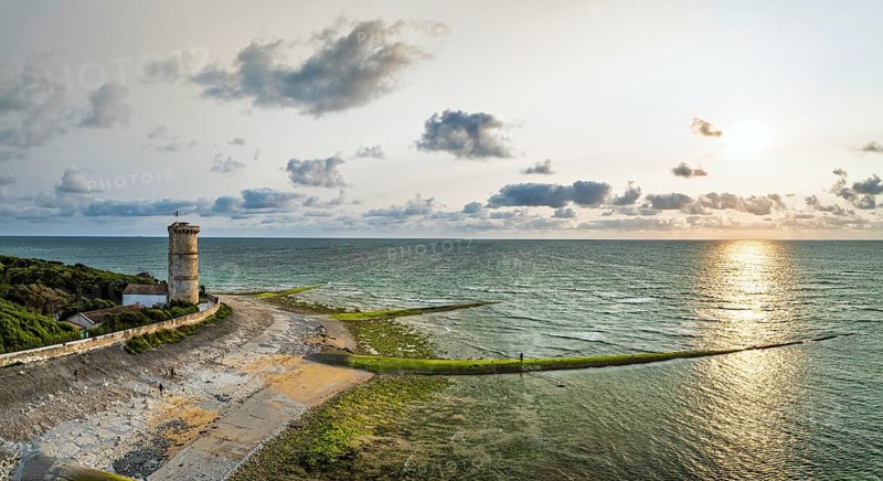 Panorama of WHALE LIGHTHOUSE from a drone, Saint-Clement-des-Baleines, Atlantic, France