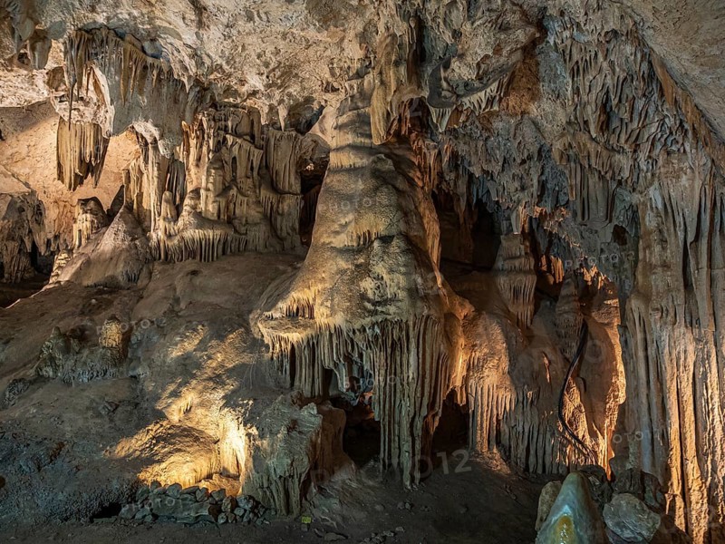Cueva de Nerja, illuminated cave, large stalagmites and stalagtites, Nerja, Andalusia, Spain