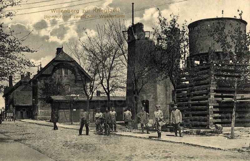 Historical postcard, picture postcard, Willenberg during the war, railway station with destroyed water tower, East Prussia, digitally enhanced reproduction of an original from around 1900, picture postcard
