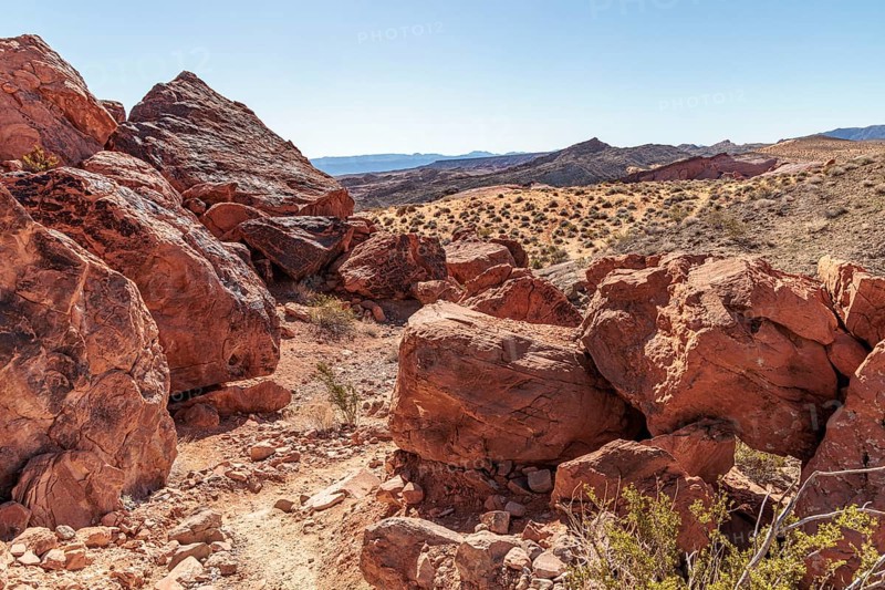 Red sandstone boulders along a trail at Valley of Fire State Park near Overton, Nevada