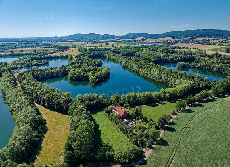 Landscape around the Weser lowlands near Großenwieden, aerial view. Hessisch Oldendorf, Lower Saxony, Germany