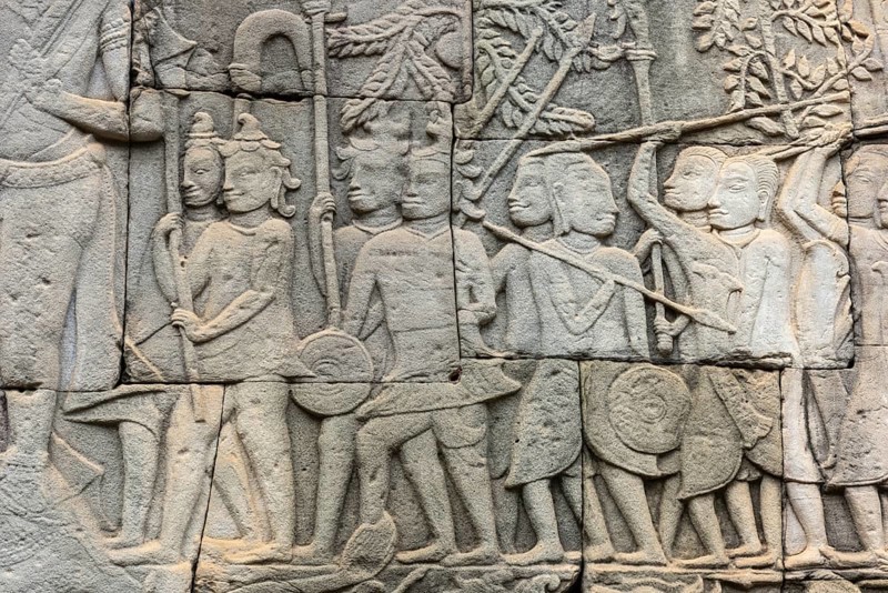 Stone bas-reliefs, Khmer war campaign against the Cham, relief wall, east façade, Bayon temple, Angkor Thom, Siem Reap province, Cambodia