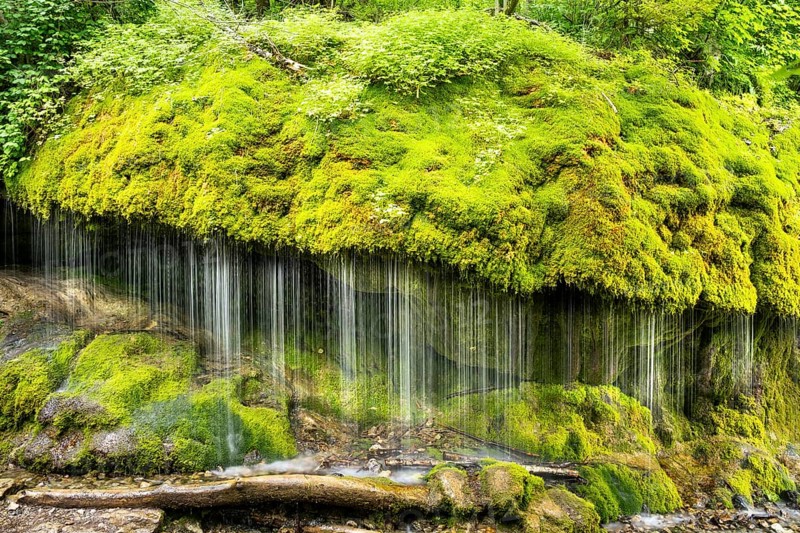 The Dietfurt waterfall, moss and stones, long exposure, Wutach Gorge, Black Forest, Baden-Württemberg, Germany