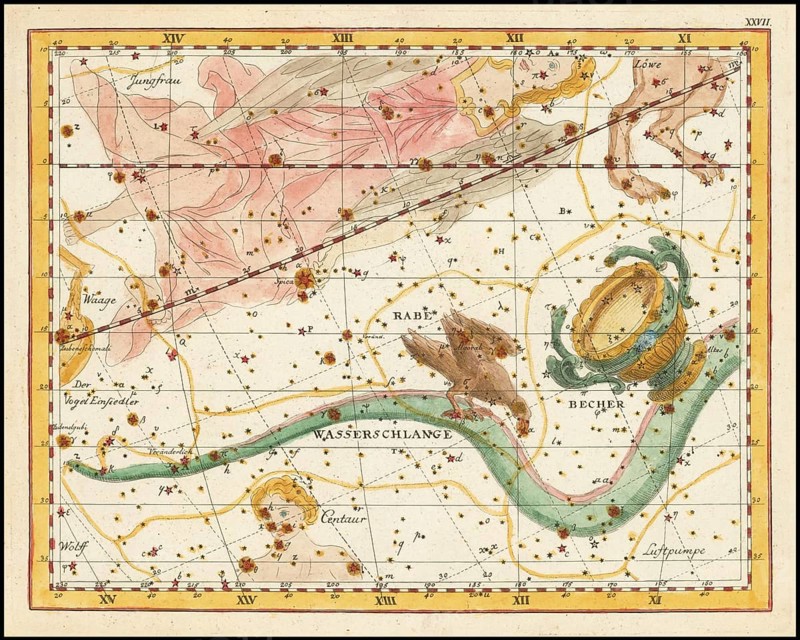 Zodiac sign raven, water snake and cup, star chart, universe, astrology, horoscope, after Johann Elert Bode (19 January 1747 to 23 November 1826), Prussian astronomer
