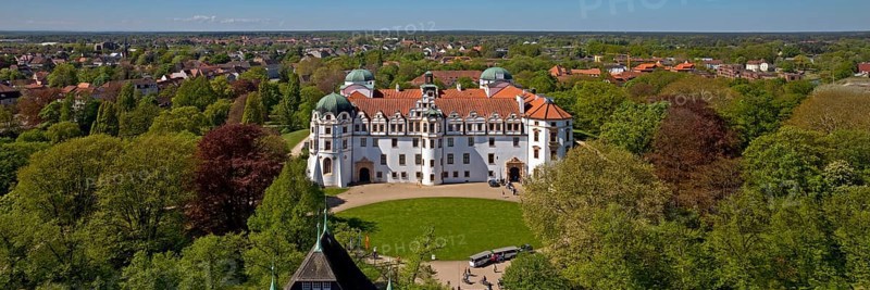 Celle Castle seen from above from the church tower, Celle, Lower Saxony, Germany