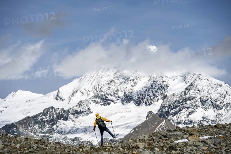 Mountaineers in front of the glaciated and snow-covered summit of the Großglockner, Wiener Höhenweg, Schober Group, Hohe Tauern National Park, Carinthia, Austria