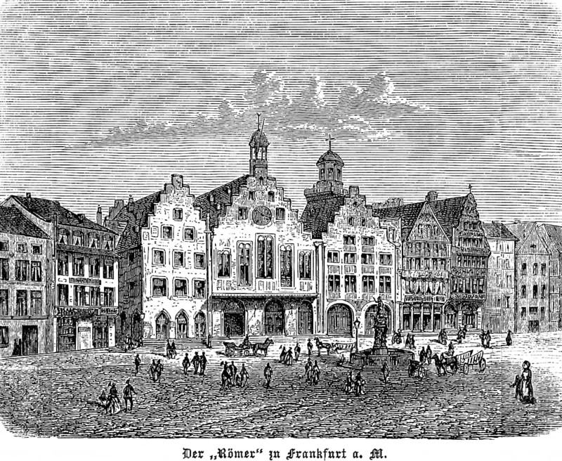 Row of houses on Römerberg with town hall, old town of Frankfurt, facades, stepped gables, gabled houses, bell tower, fountain, many people, Hesse, Germany, historical illustration 1896