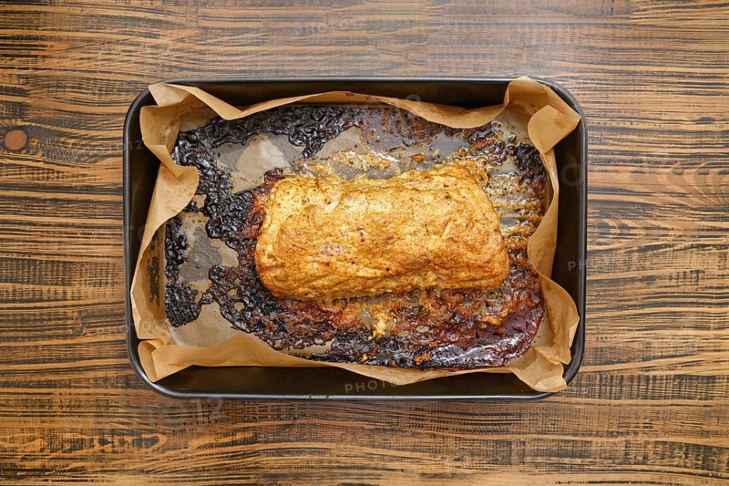 Overhead view of roasted pork neck in a baking tray