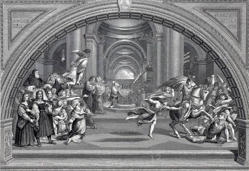 The Expulsion of Heliodorus from the Temple, Room of Heliodorus, steel engraving after a painting by Raphael, Vatican, Historical, digitally restored reproduction of a 19th century original