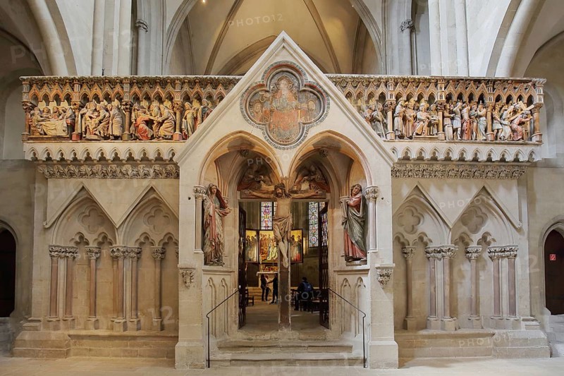 Lettner with decorations from the late Romanesque UNESCO Cathedral of St Peter and Paul, interior view, arts and crafts, Saale, Naumburg, Romanesque Road, Saxony-Anhalt, Germany