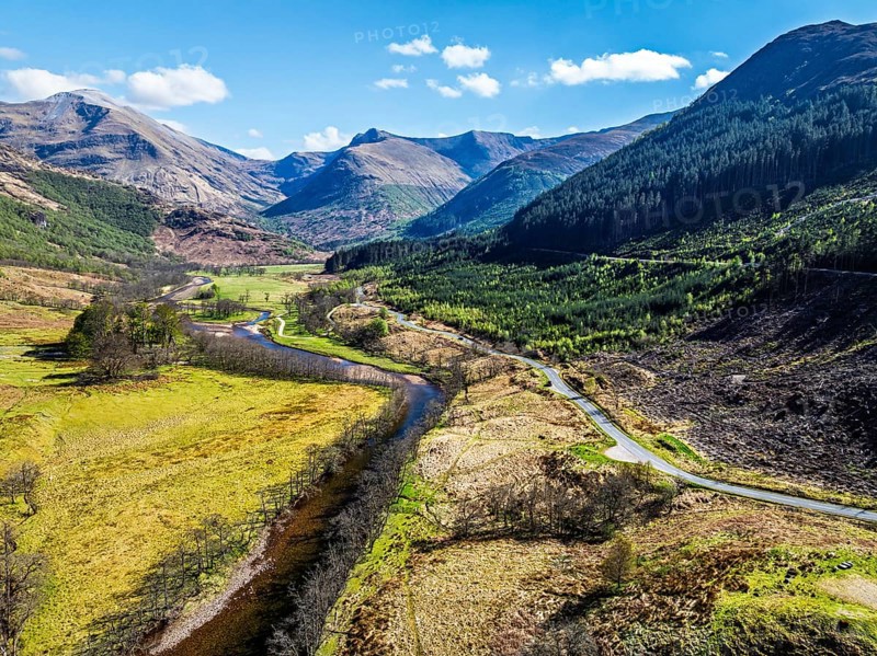 Glen Nevis Valley and River Navis from a drone, Fort William, Lochaber, Highland, Scotland, United Kingdom
