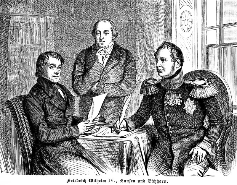 King Friedrich Wilhelm IV, Ambassador to the Holy See in Rome Karl Josias Freiherr von Bunsen, and Minister of Culture Eichhorn, Prussia, interior, sitting at the table, consultation, conversation, papers, portrait, historical illustration 1896