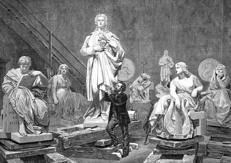 Reinhold Gottlieb August Theodor Begas (15 July 1831 - 3 August 1911), German sculptor of the Berlin School, here at work on the Schiller statue, 1871, Historical, Reproduction from a model with a scene from the 19th century