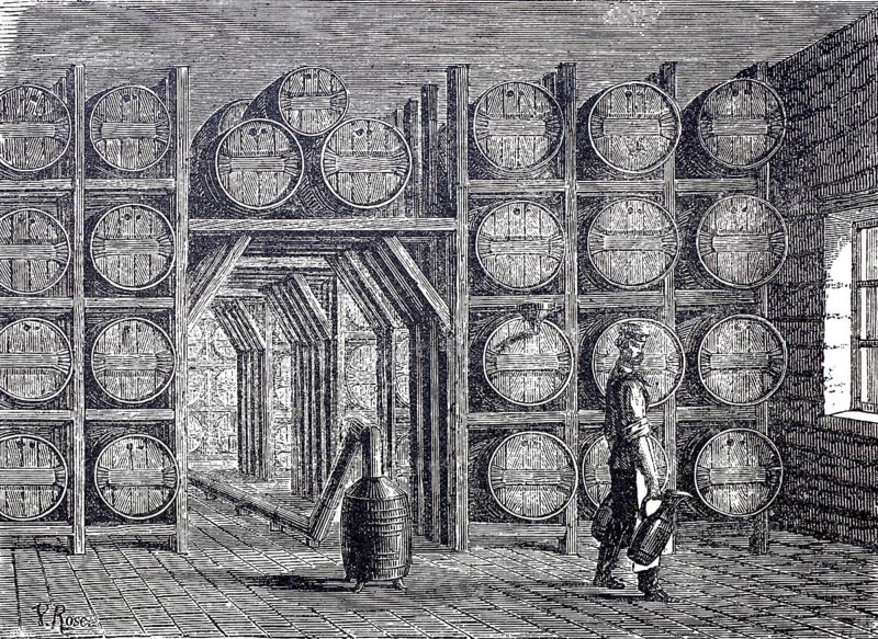 Vinegar production, fermentation room with barrels of vinegar, around 1870, digitally enhanced reproduction of a 19th century model, historical, exact date unknown