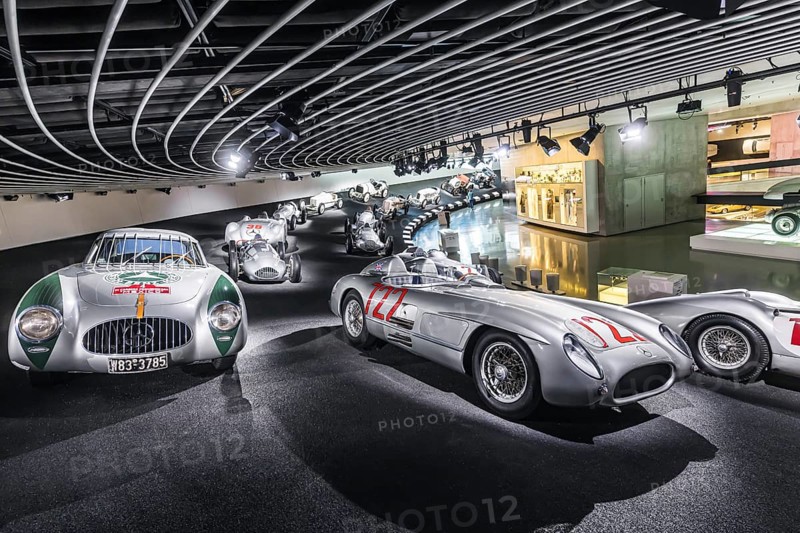 The Mercedes-Benz Museum in Stuttgart presents a journey through the automotive history of the global corporation. Myth 7: Racing cars and Silver Arrows - races and records. The history of the Mercedes star begins with the first automobile in 1886. Stuttgart, Baden-Württemberg, Germany