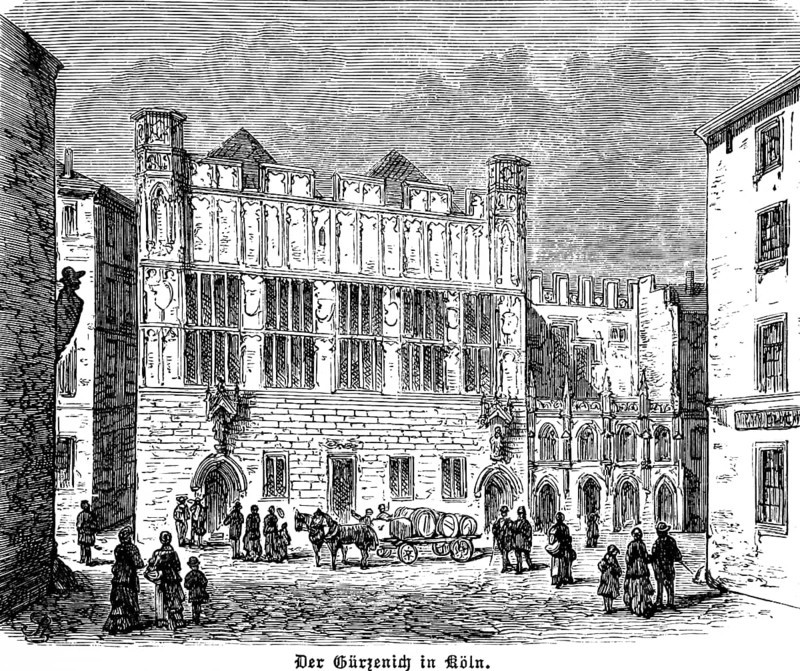 Facade of the Gürzenich festival hall, brewery wagon, barrels, horse-drawn carriage, strollers, Old Town Cologne, North Rhine-Westphalia, Germany, historical illustration 1896
