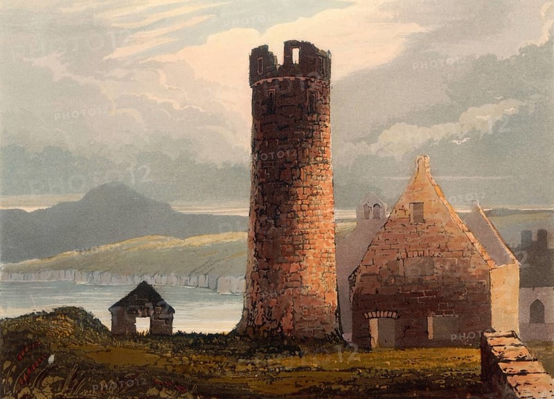 The round tower of Peel Castle, ruined castle in Peel on the British Isle of Man, originally built by the Vikings, around 1850, after a painting by Theodore Henry Adolphus Fielding, digitally enhanced reproduction, historical, exact date unknown