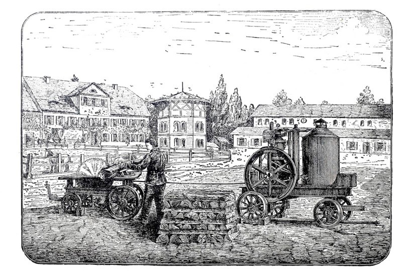Mobile circular saw and splitting machine with petrol engine, designed by J.M. Grob & Co. from Leipzig, around 1886, historical, digitally improved reproduction of a 19th century model