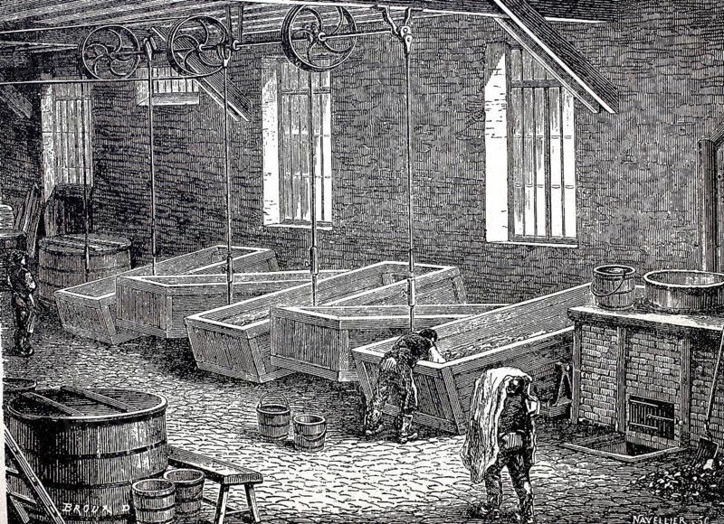 Leather processing, worker in a white tannery in Hungary, around 1880, digitally enhanced reproduction of a 19th century model, historical, exact date unknown