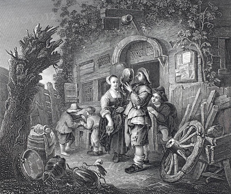 The tinker checking a pot for reproducibility, travelling craftsman, steel engraving after a painting by Frans van Mieris, historical, digitally restored reproduction of a 19th century original