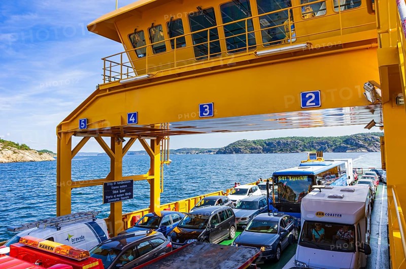 Cars and lorries on a car ferry operating as a floating road, near Lysekil, Bohuslän, Västra Götalands län, Sweden, Scandinavia, for editorial use only