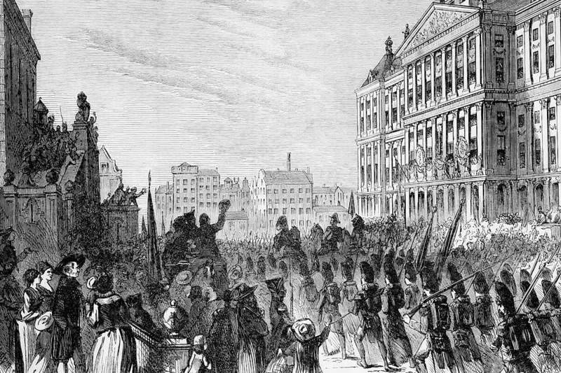 French troops marching into Amsterdam during the French Revolutionary Wars or Napoleonic Wars (1803-15), digital reproduction of a historical model