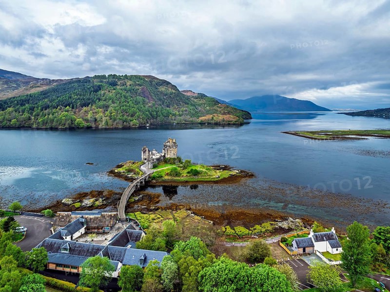 Eilean Donan Castle and Loch Duich from a drone, Isle of Skye, Highlands, Scotland, England, United Kingdom