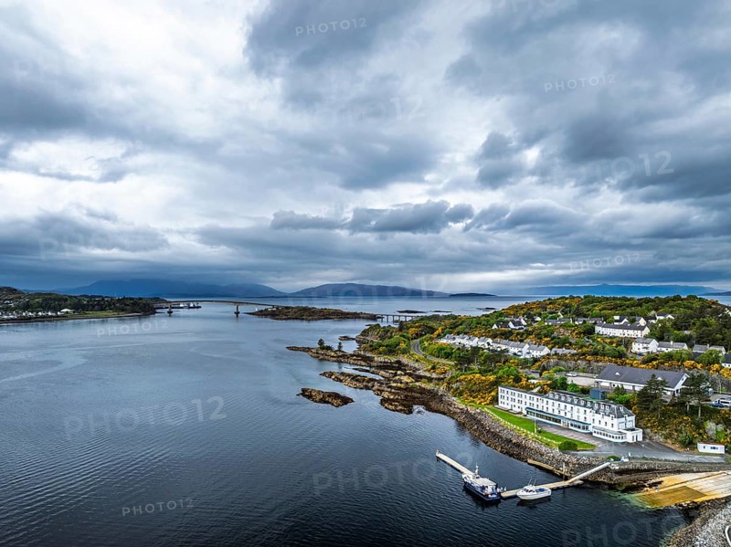 Skye Bridge over Loch Alsh from a drone, Kyle of Lochalsh, Isle of Skye, Scotland, England, United Kingdom