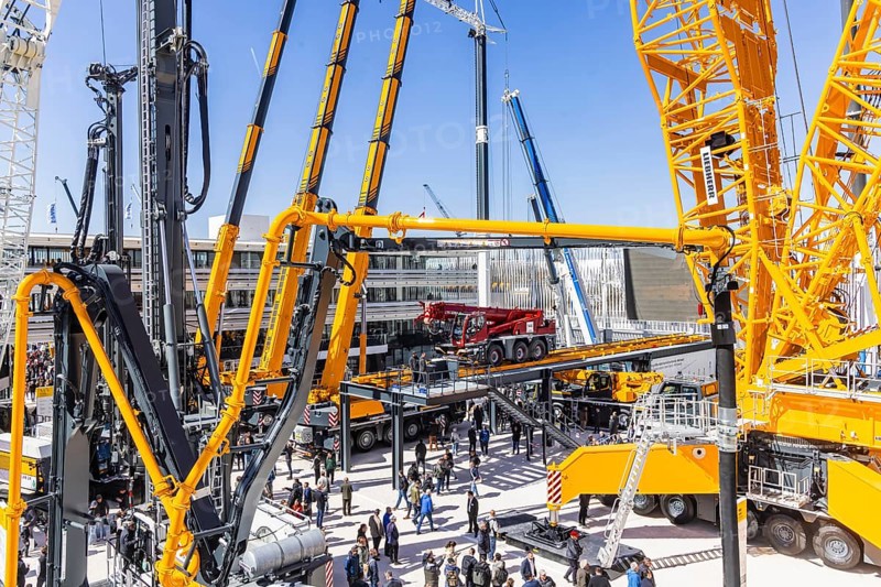 LG 1800-1.0 lattice boom crane with a maximum lifting height of 204 metres for wind turbines. BAUMA Munich, 34th World's Leading Trade Fair for Construction Machinery, Building Material Machines, Mining Machines, Construction Vehicles and Construction Equipment. In 2025, the trade fair will attract around 600, 000 visitors from more than 200 countries and regions and 3601 exhibitors. Open-air area with exhibits from Liebherr. Munich, Bavaria, Germany