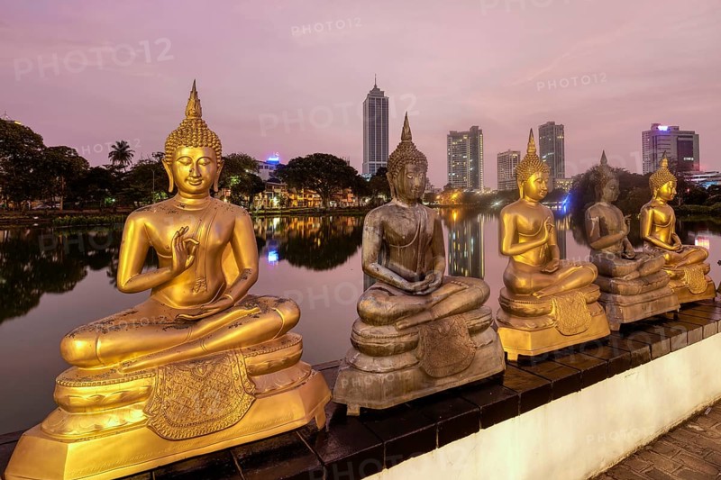 Buddha statues of Seema Malaka Temple at Beira Lake at sunset, Colombo skyline behind, Sri Lanka
