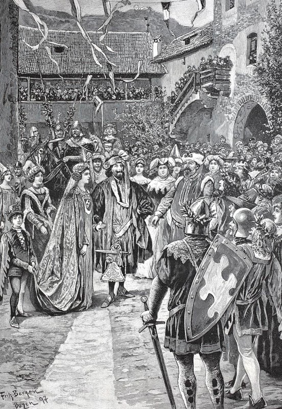 Castle festival at Runkelstein, greeting of Oswald von Runkelstein and his wife, South Tyrol, Italy, coloured wood engraving, reproduction of an original from ca 1888, Historical, A festive medieval procession with costumes and castle in the background, Europe, digitally restored reproduction of an old original, exact date unknown