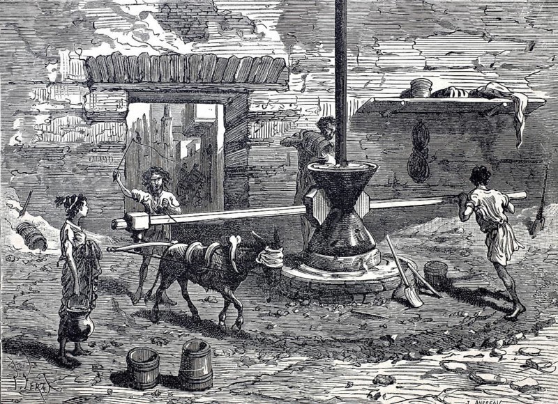 Milling, mill, mill of the ancient Romans driven by donkey and man, grain mill, millstone, digitally improved reproduction of a 19th century model, historical, exact date unknown