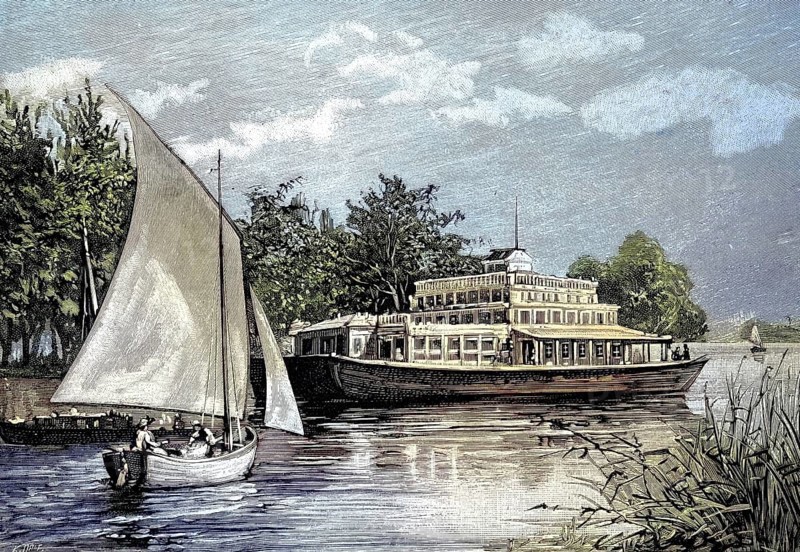 Houseboat, floating villa on the Thames, England, illustration from 1894, reproduction, digitally enhanced, historical