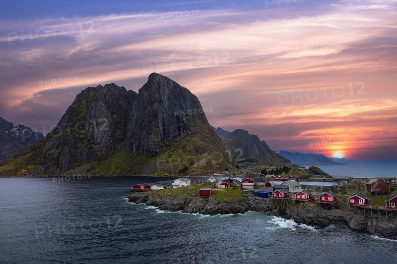 Beautiful Reine fishing village, scenic dramatic views of Lofoten islands in Norway