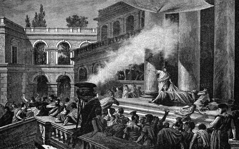 Mark Antony shows the body of Julius Caesar after his assassination on the Ides of March, 15 March 44 BC, Theatre of Pompeius pompeius, Rome, Italy, digital reproduction of a historical original