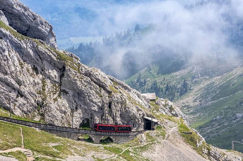 Pilatus railway cogwheel railway just in front of the summit of Mount Pilatus in the Swiss Alps in Pilatus, Switzerland